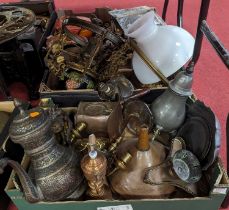 Two boxes of mixed metalware, to include an eastern copper coffee pot, brass twin branch wall sconce