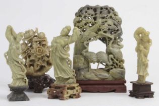 A collection of Chinese carved soapstone figures, the largest h.20cm