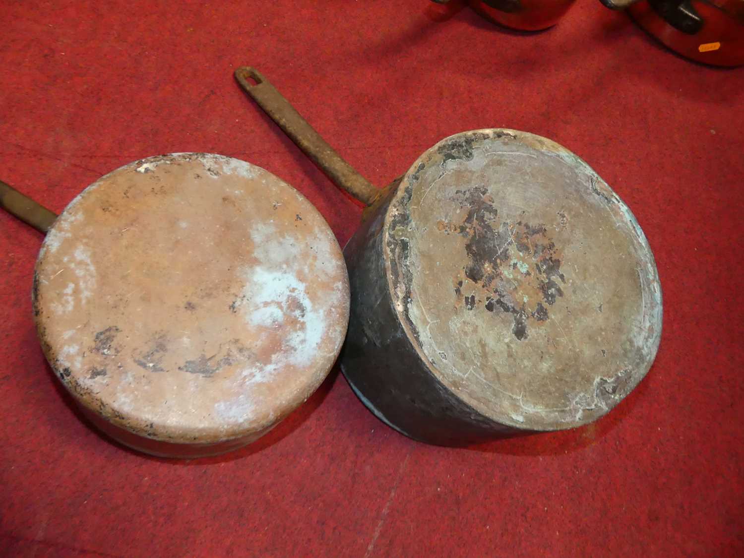 A large 19th century copper saucepan having riveted wrought iron handle, dia. 36cm, together with - Image 7 of 10