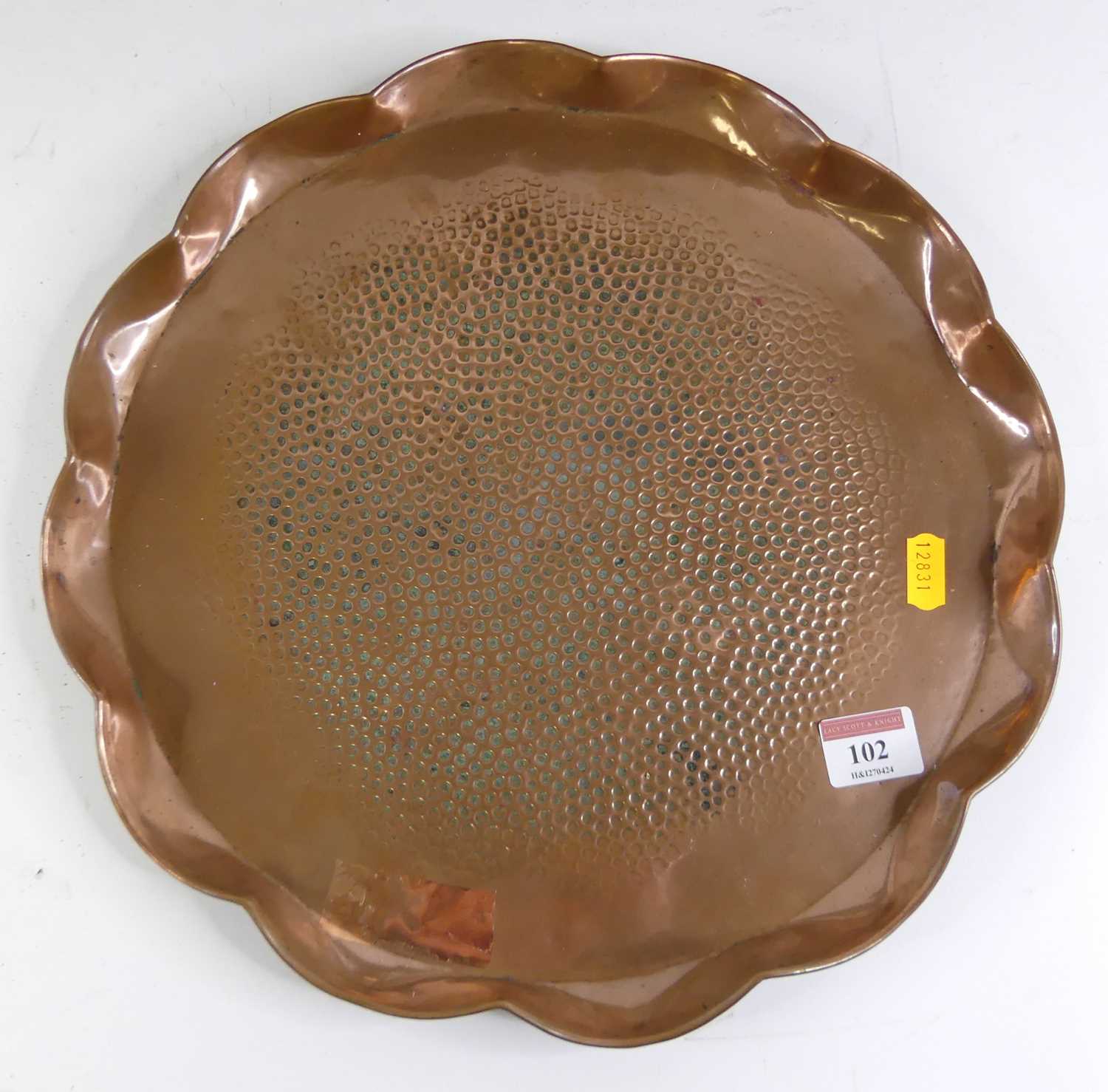 An early 20th century copper warming plate, the rectangular top with hammered finish, having twin - Image 2 of 3