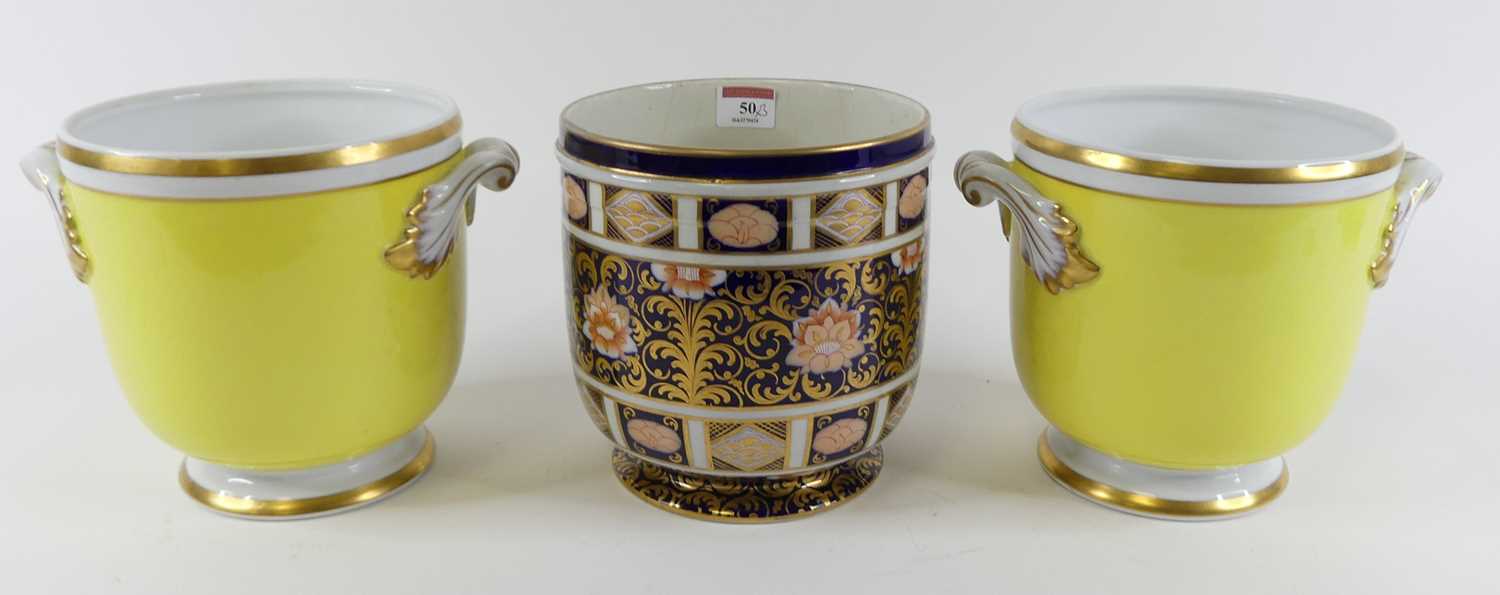 A 19th century cache pot decorated in the Imari palette on a cobalt blue ground, possibly Davenport,