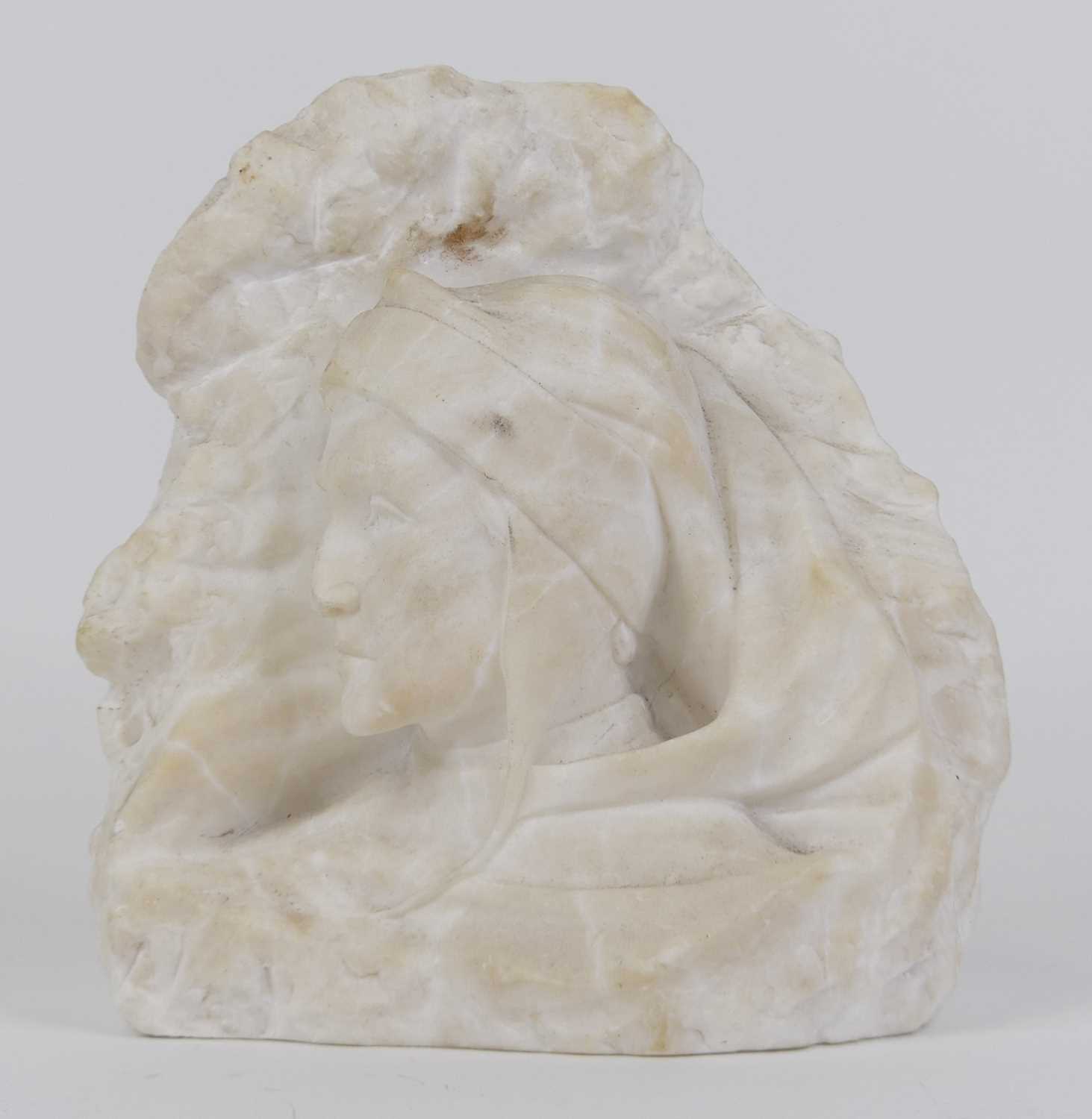 A carved marble head & shoulders bust of a lady, height 21cm