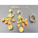 A pair of vintage gilt metal and carved coral pendants, length 5cm; together with a Victorian yellow