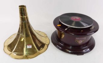 A reproduction Victrola Victor Talking Machine Company gramophone with brass horn Lacks the