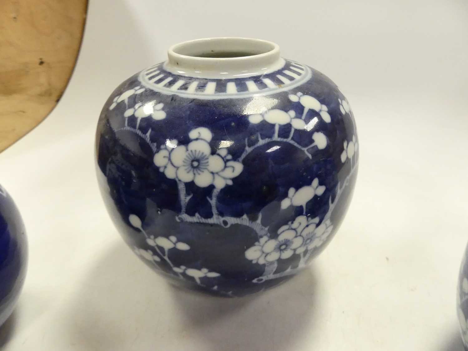A graduated matched set of three Chinese blue and white prunus vases, the largest h.14cm Lacking - Image 6 of 7