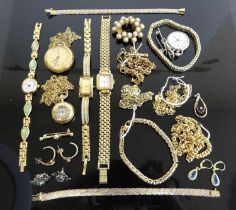 Assorted costume jewellery, to include lady's fob watches, various gilt metal chains, paste set