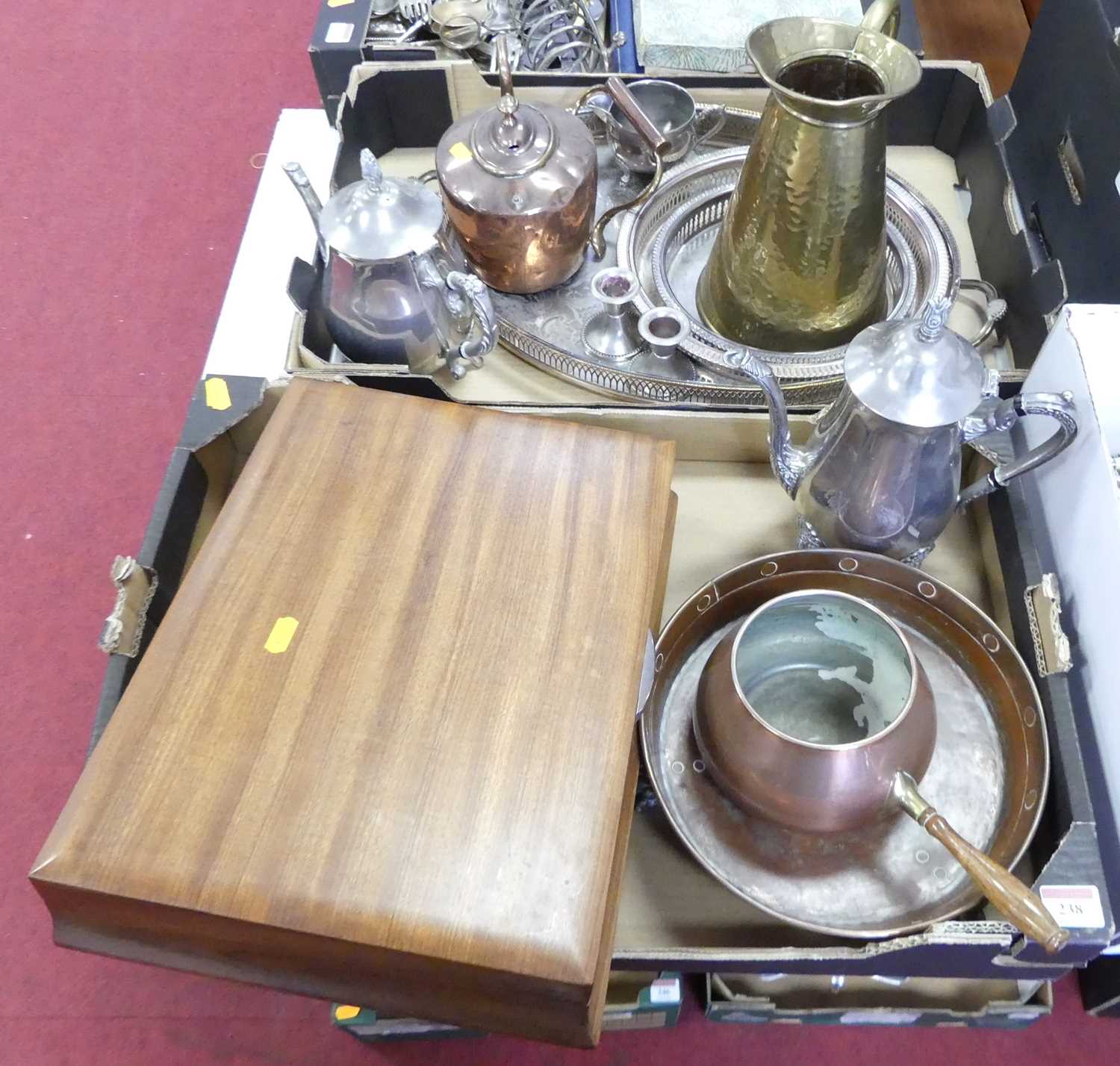 A collection of metal ware to include silver plated tea and coffee pot, part canteen of cutlery,