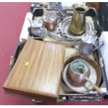 A collection of metal ware to include silver plated tea and coffee pot, part canteen of cutlery,