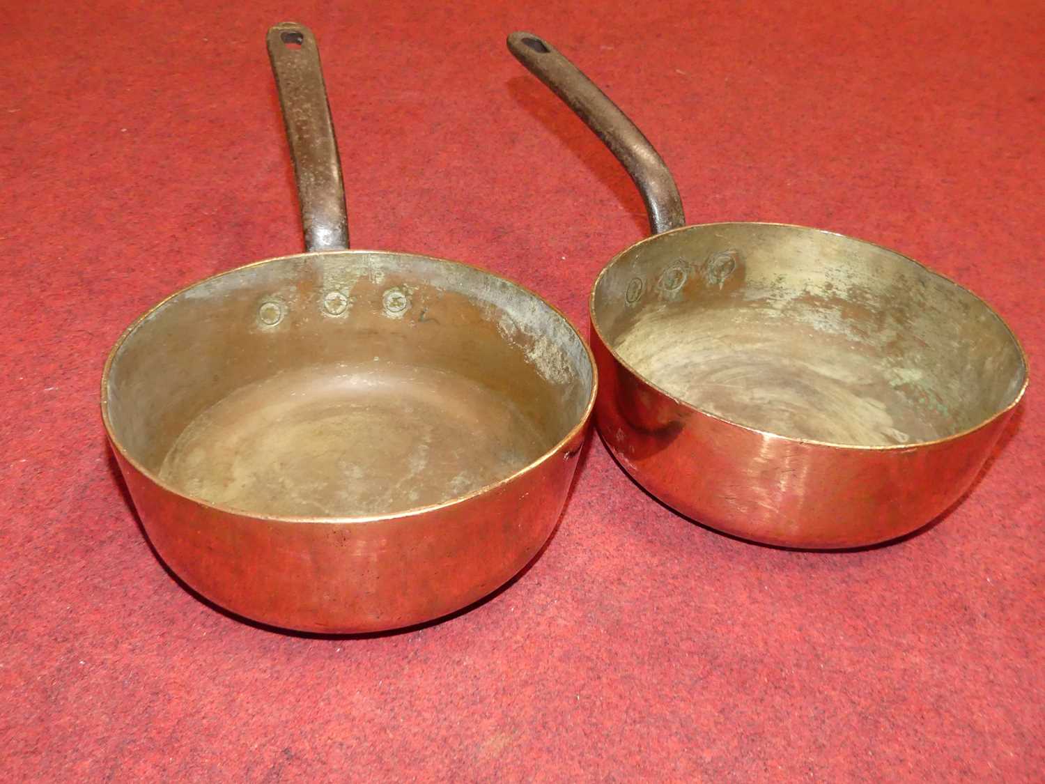 A large 19th century copper saucepan having riveted wrought iron handle, dia. 36cm, together with - Image 9 of 10