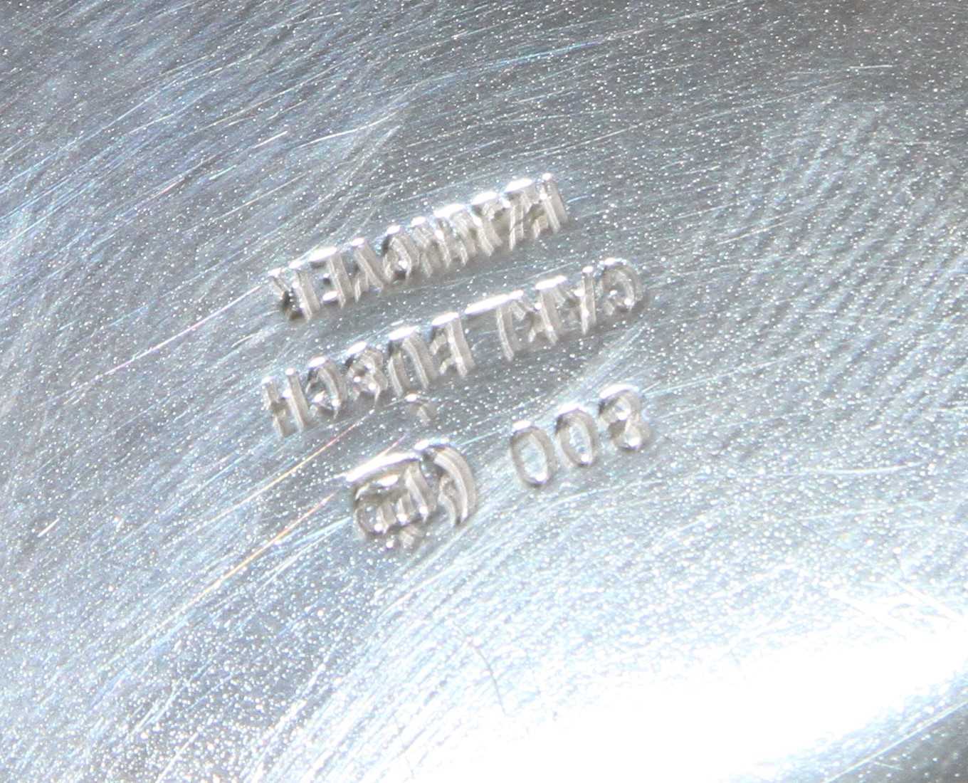 A German silver dish having a shaped reeded rim and sunken well with engraved inscription, maker - Image 2 of 2
