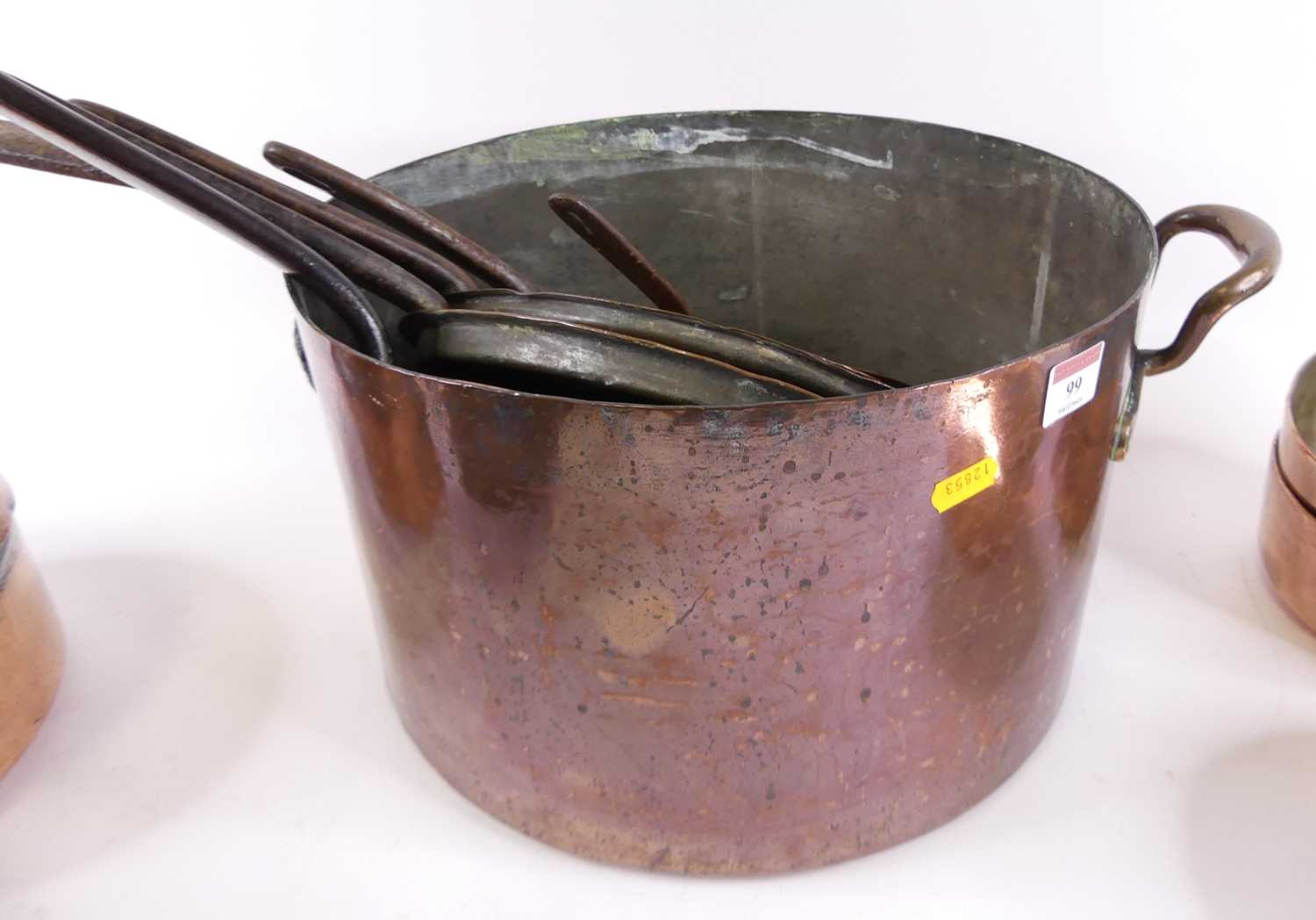 A large 19th century copper saucepan having riveted wrought iron handle, dia. 36cm, together with - Image 2 of 10