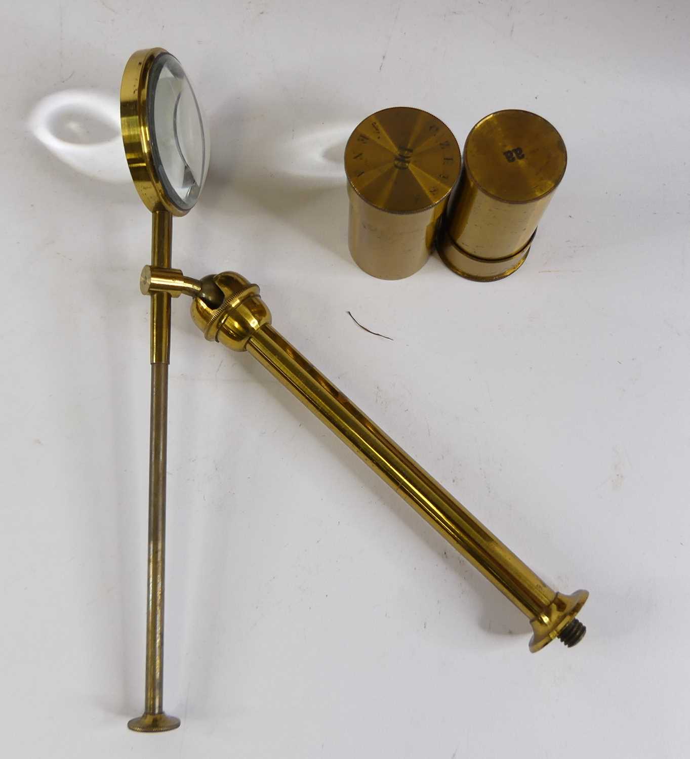 A brass monocular microscope, stamped J White Glasgow to the base, cased with accessories - Image 3 of 3