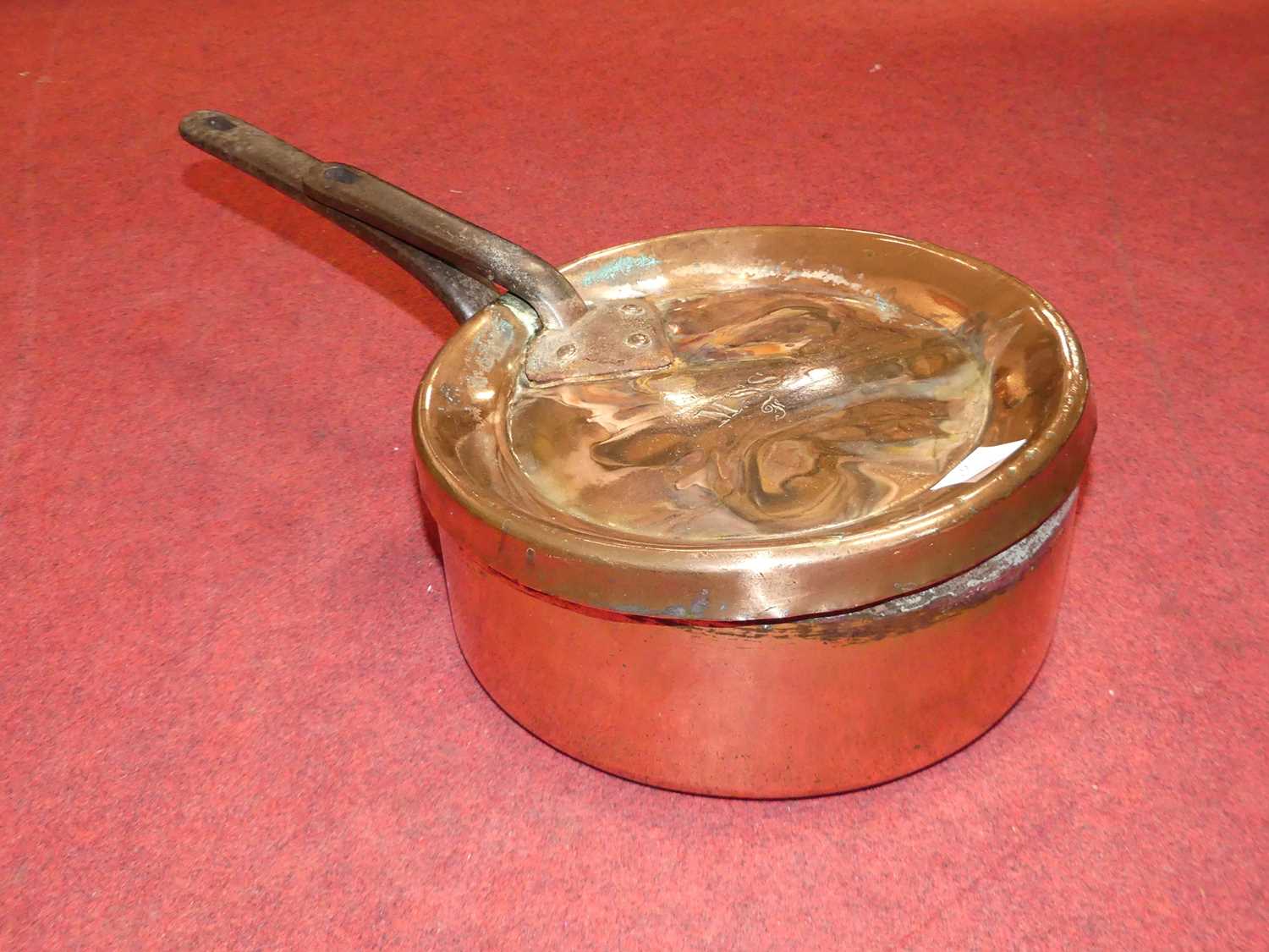 A large 19th century copper saucepan having riveted wrought iron handle, dia. 36cm, together with - Image 6 of 10