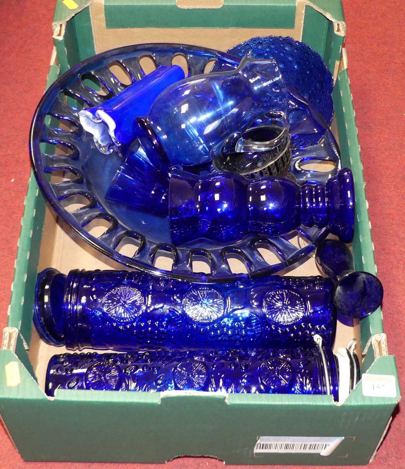 A collection of blue glassware, to include fruit bowl, vases, jug etc