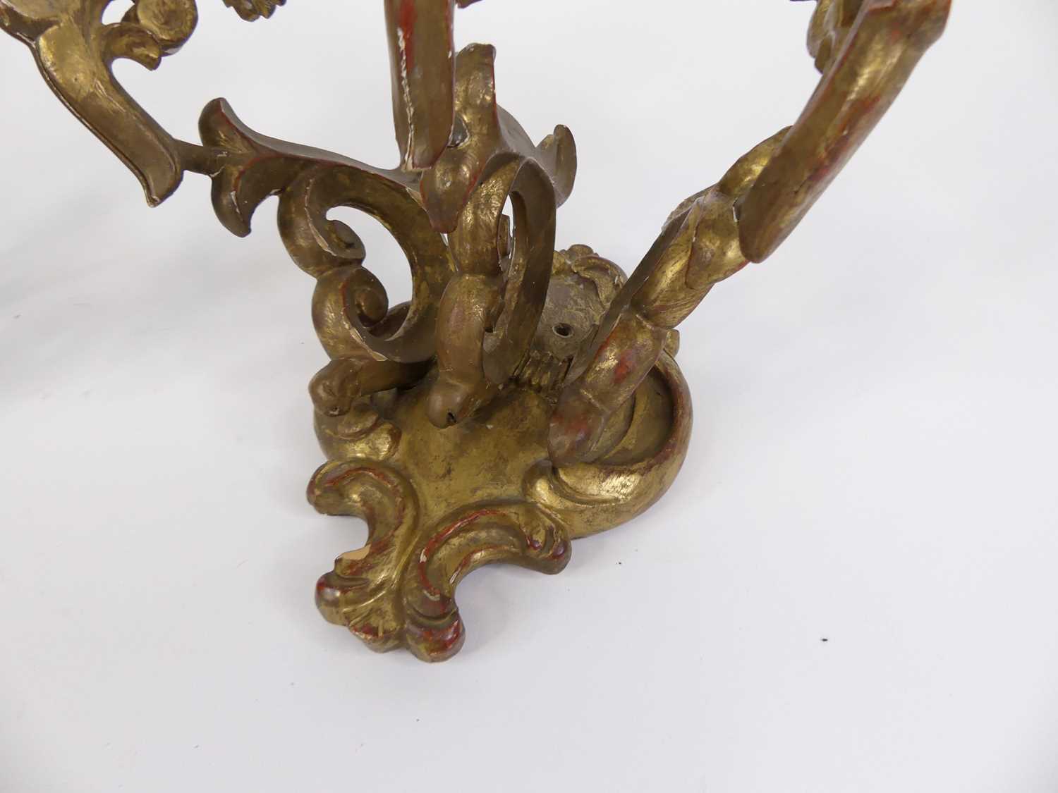 A pair of carved gilt wood three branch wall sconces, each height 19cm Probably early 20th - Image 3 of 4