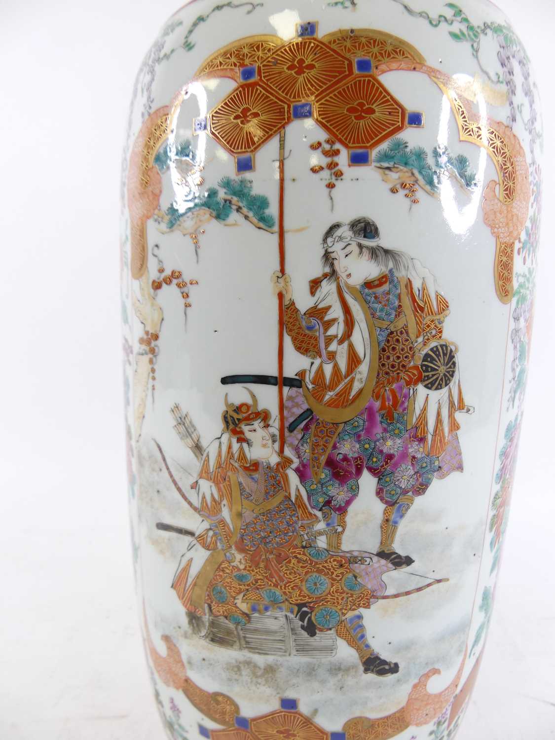A Japanese kutani porcelain vase, enamel decorated with figures, having a wavy rim, h.63cm (a/f) - Image 2 of 2