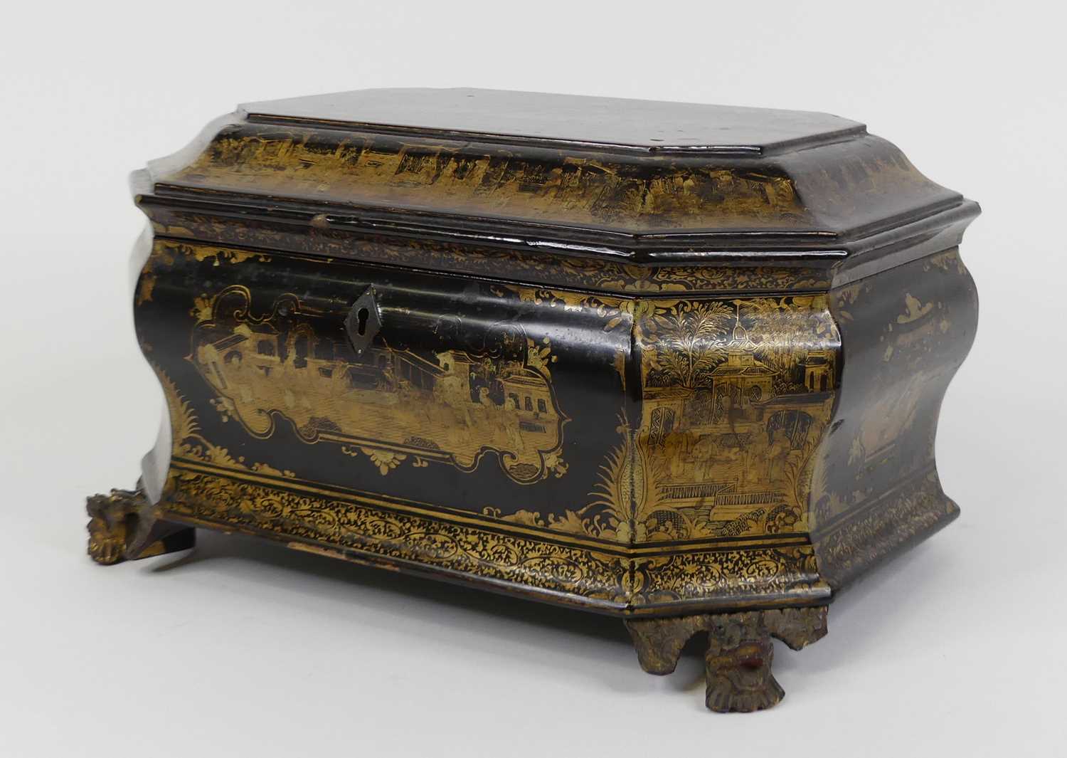 A 19th century Chinese gilt and black lacquer twin compartment tea caddy, of ogee shape, standing - Image 2 of 3