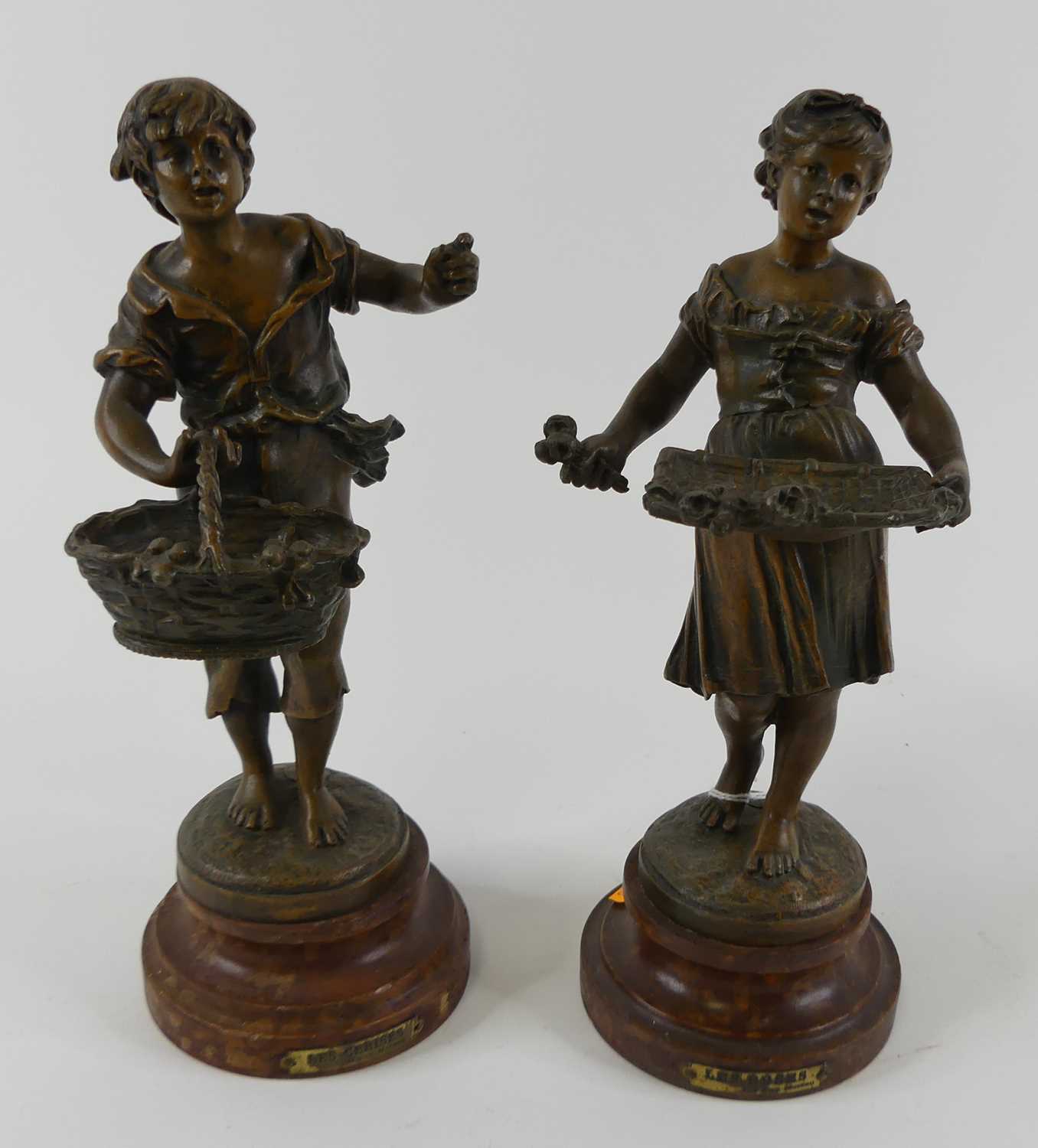 After Moreau, a pair of early 20th century spelter figures of flower sellers, the boy & girl each - Image 2 of 3