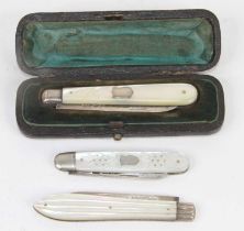 A Victorian fruit knife, having mother of pearl handle and silver blade, maker Thomas Marples,