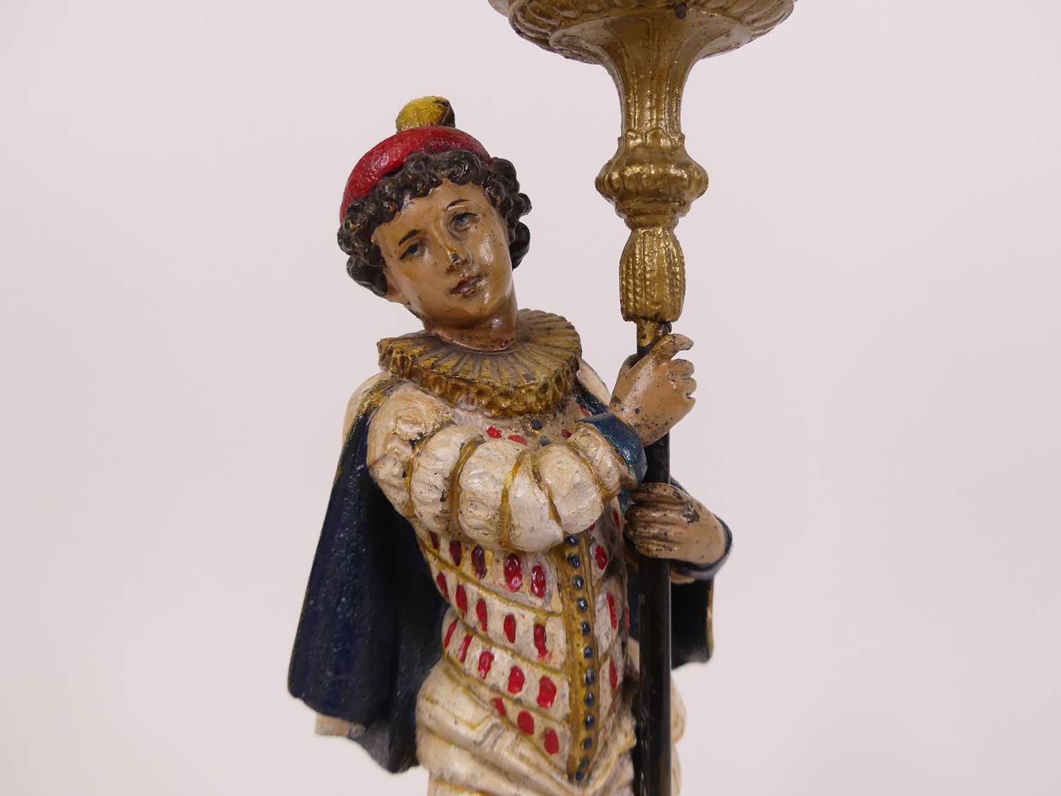 A 19th century painted spelter figural novelty night clock, in the form of a young courtier - Image 3 of 3
