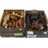 Two boxes of miscellaneous treen items to include African carved hardwood figures of antelope, pairs