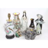 A collection of mixed Chinese items, to include a Canton porcelain vase, porcelain lamp, standing