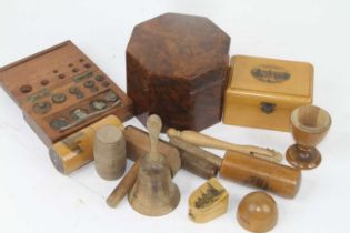 A collection of treen, to include a mauchline ware box for Tonbridge Grammar School