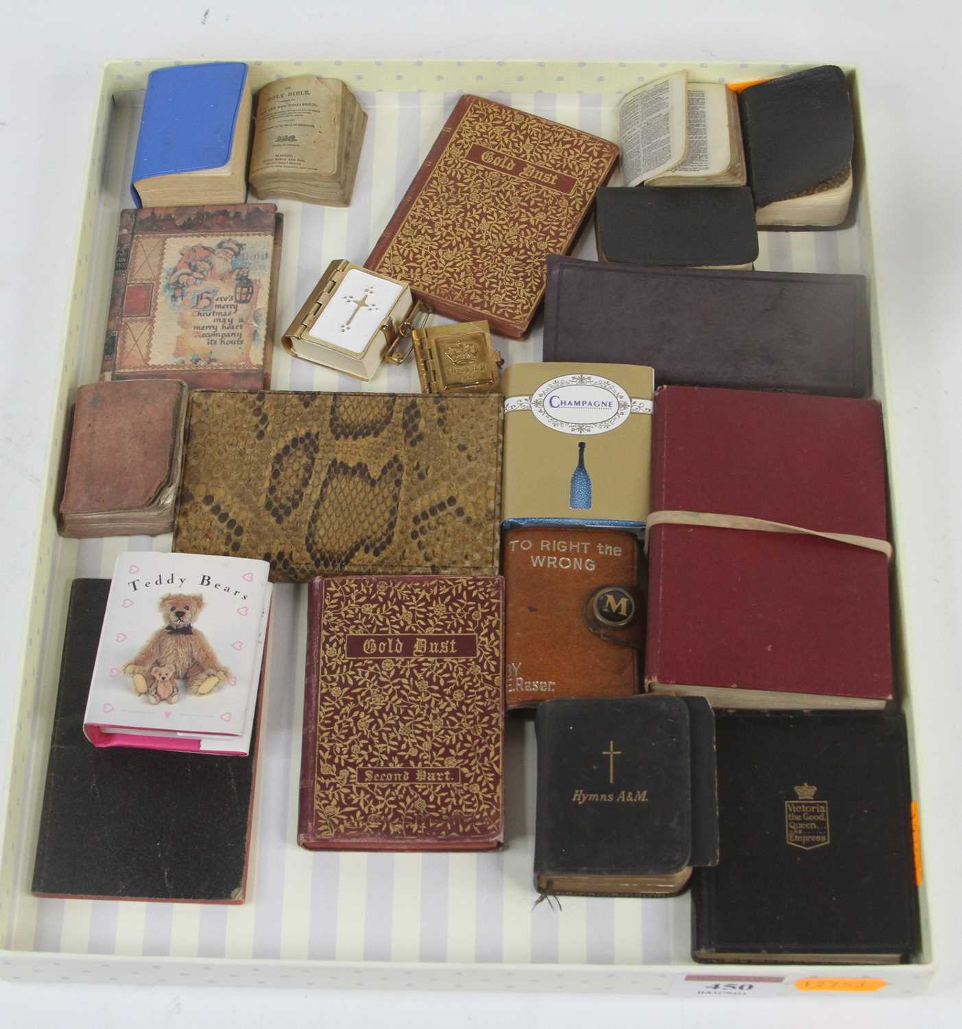 A collection of vintage miniature books, to include Ancient & Modern Hymns, To Right the Wrong, Gold