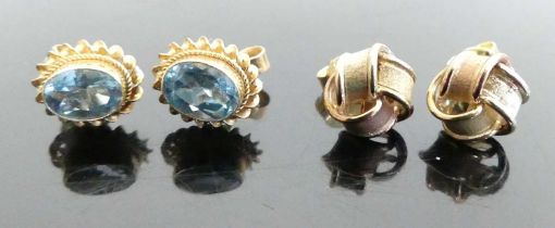 A pair of modern 9ct three-colour gold knot ear studs, 1.9g; together with a pair of 9ct gold blue
