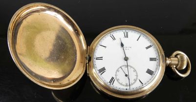 An Elgin gent's gold plated full hunter keyless pocket watch, dia.5cm Ticks when wound. Appears to