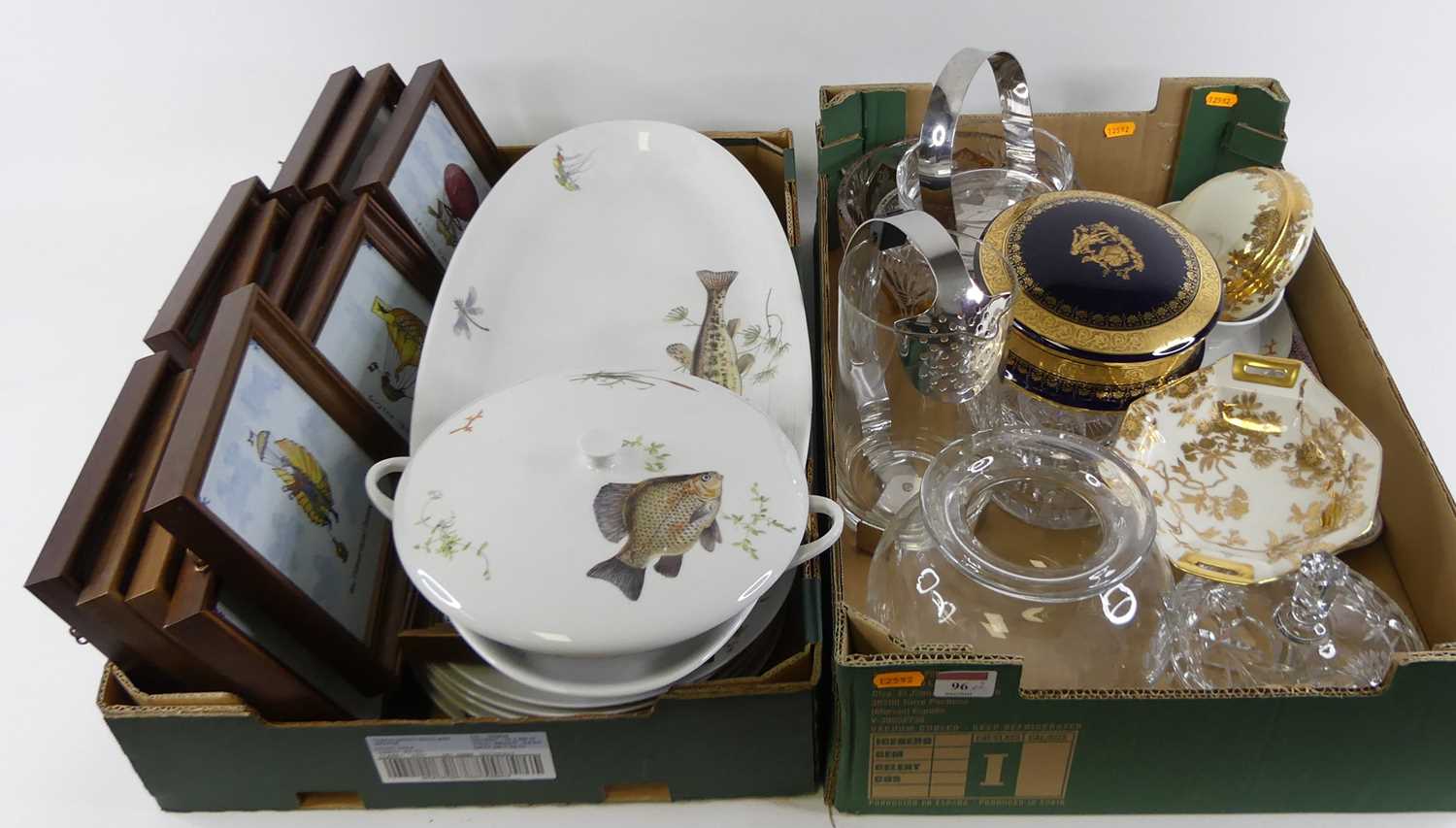 Two boxes of miscellaneous items to include various French tiles, each depicting a ballooning
