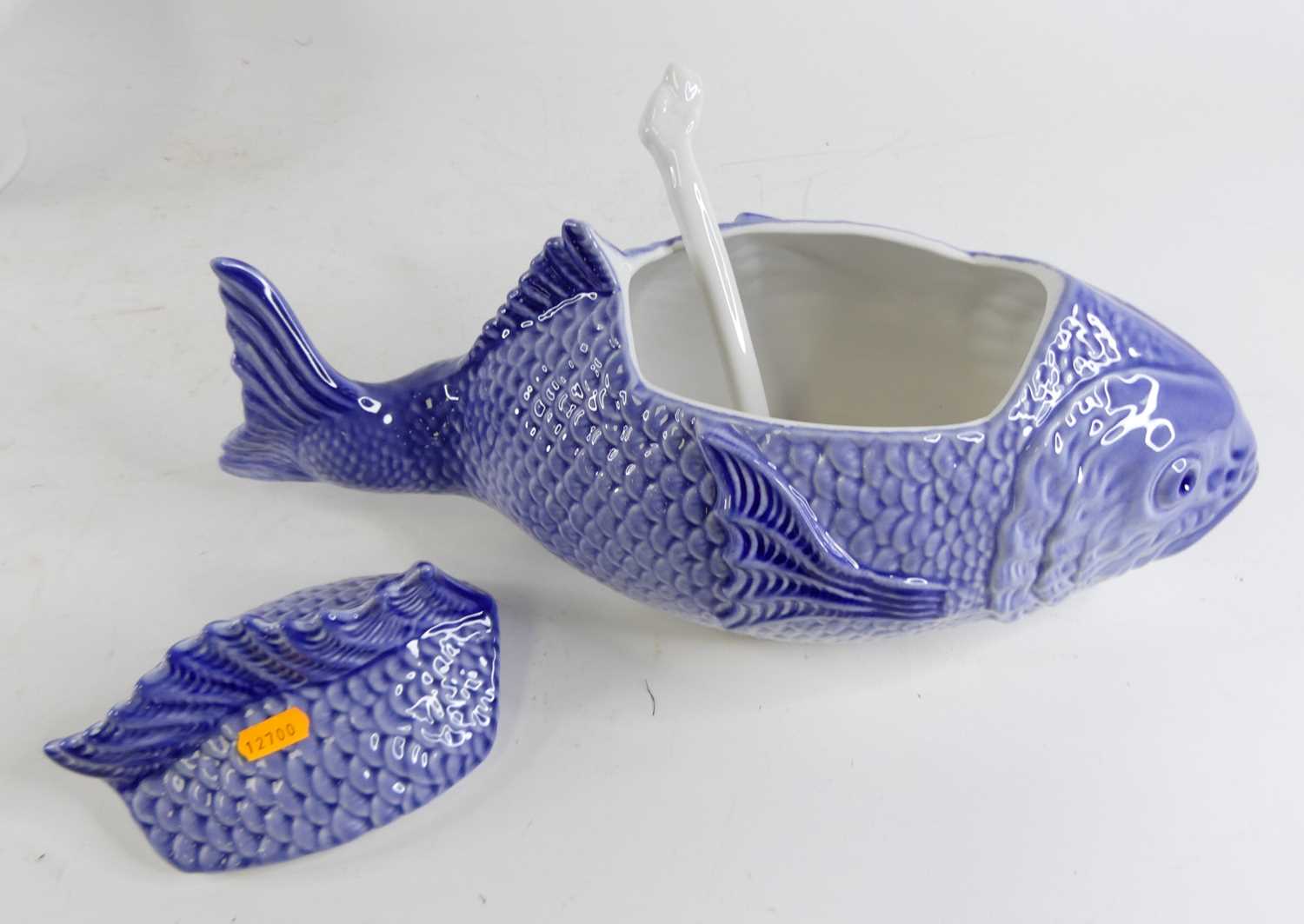 A pottery tureen in the form of a fish, w.41cm; together with two white glazed pottery tureens - Image 2 of 3