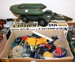 A tray containing action man related accessories, together with an empty box for a 105MM light gun