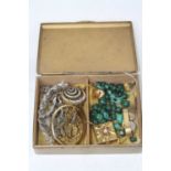 A collection of costume jewellery to include a string of malachite beads, a lady's Seiko quartz