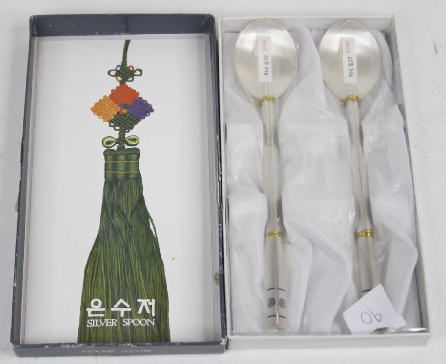 A Chinese white metal spoon and chopstick set, stamped 800, 6ozt, boxed