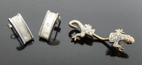 A modern 9ct gold and cz set lizard brooch, 3.6g, 34mm; together with a pair of silver and diamond
