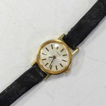 A lady's Tissot Stylist gilt metal cased manual wind wristwatch, on leather bracelet, case dia.18mm,