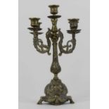 A brass five branch table candelabra, height 35cm