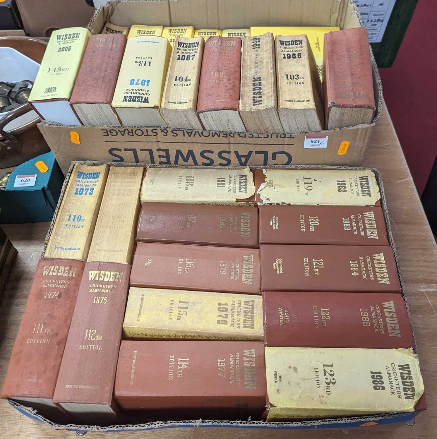 A collection of Wisden Cricketer's Almanacs, primarily from the 1960s onwards