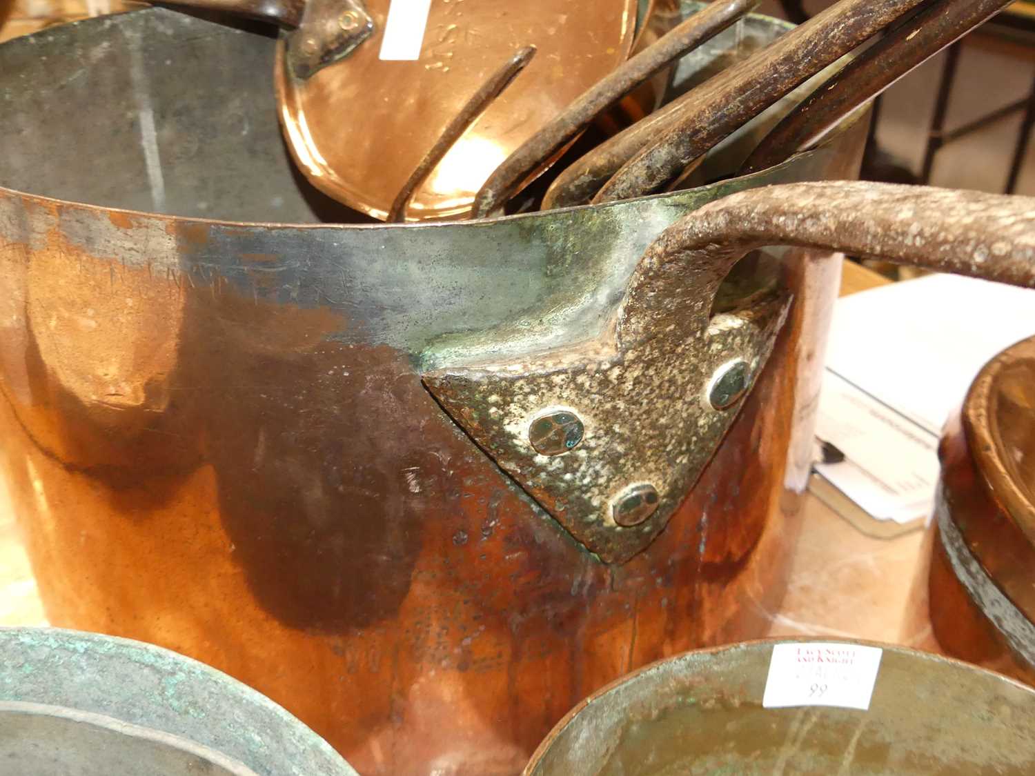 A large 19th century copper saucepan having riveted wrought iron handle, dia. 36cm, together with - Image 5 of 10