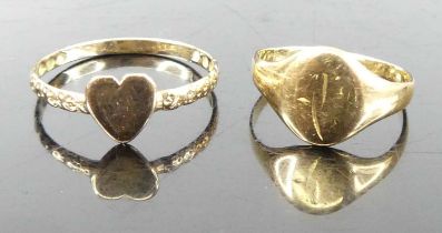 A yellow metal band ring, with heart shaped tablet, unmarked but tests as approx 9ct gold, 1g;