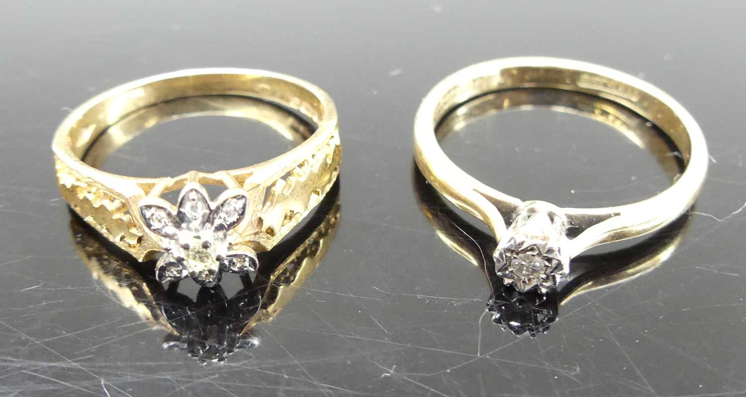 A 9ct gold and illusion diamond set solitaire ring, size P; together with a 9ct gold diamond set