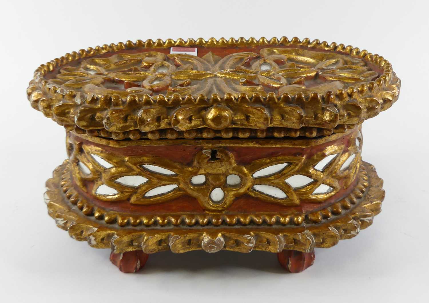 A carved softwood and polychrome painted table top casket of oval form having inset mirrored panels, - Image 2 of 2