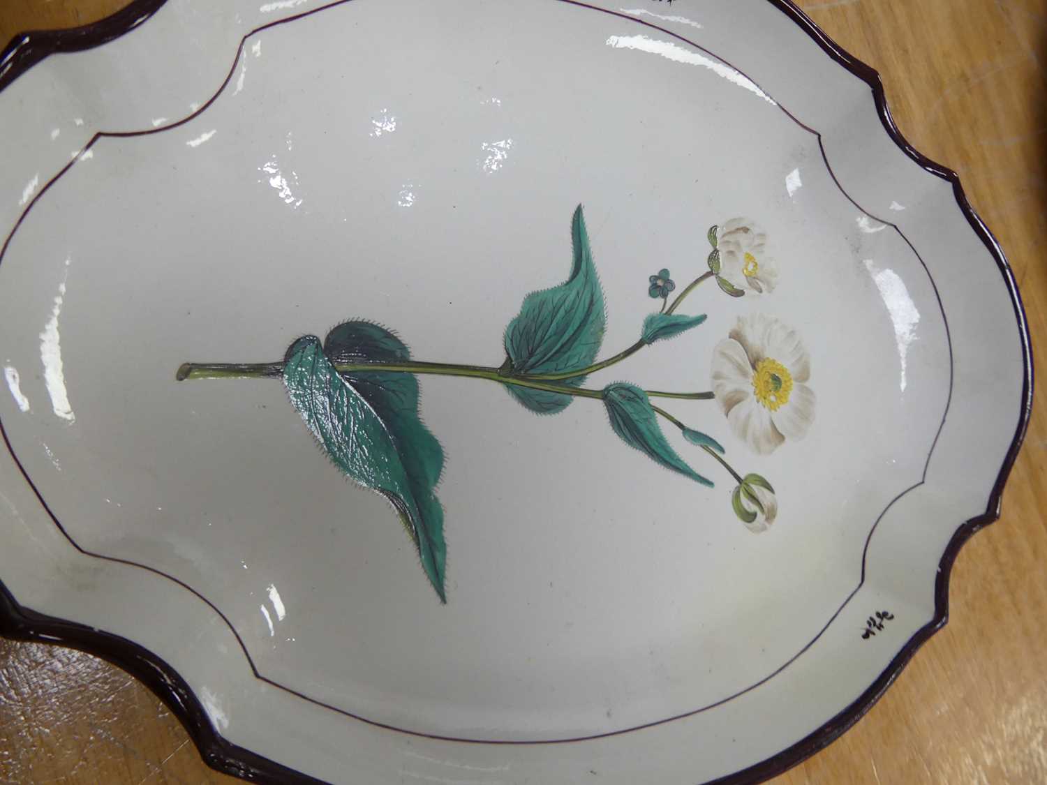 A 19th century pearlware oval dish, decorated with a plantain leaved crowfoot flower, possibly - Image 7 of 10