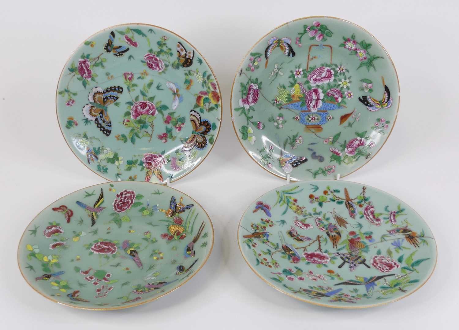 A set of four Chinese celadon porcelain plates enamel decorated with insects and flowers dia.