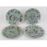 A set of four Chinese celadon porcelain plates enamel decorated with insects and flowers dia.