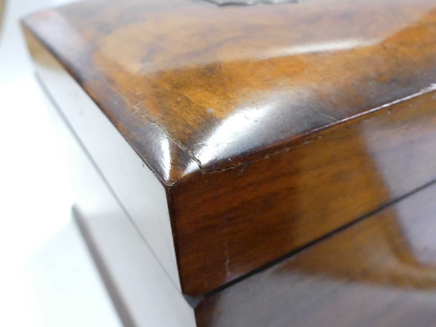 A Victorian walnut jewellery box, having a Brahma type lock and fitted interior, width 29cm No key & - Image 4 of 9
