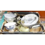 A collection of silver plated items and metal ware to include dishes, wall sconces, rose bowl etc