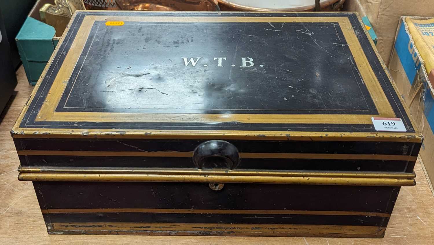 A vintage metal fireproof document box, bearing monogram WTB to the lid, w.42cm