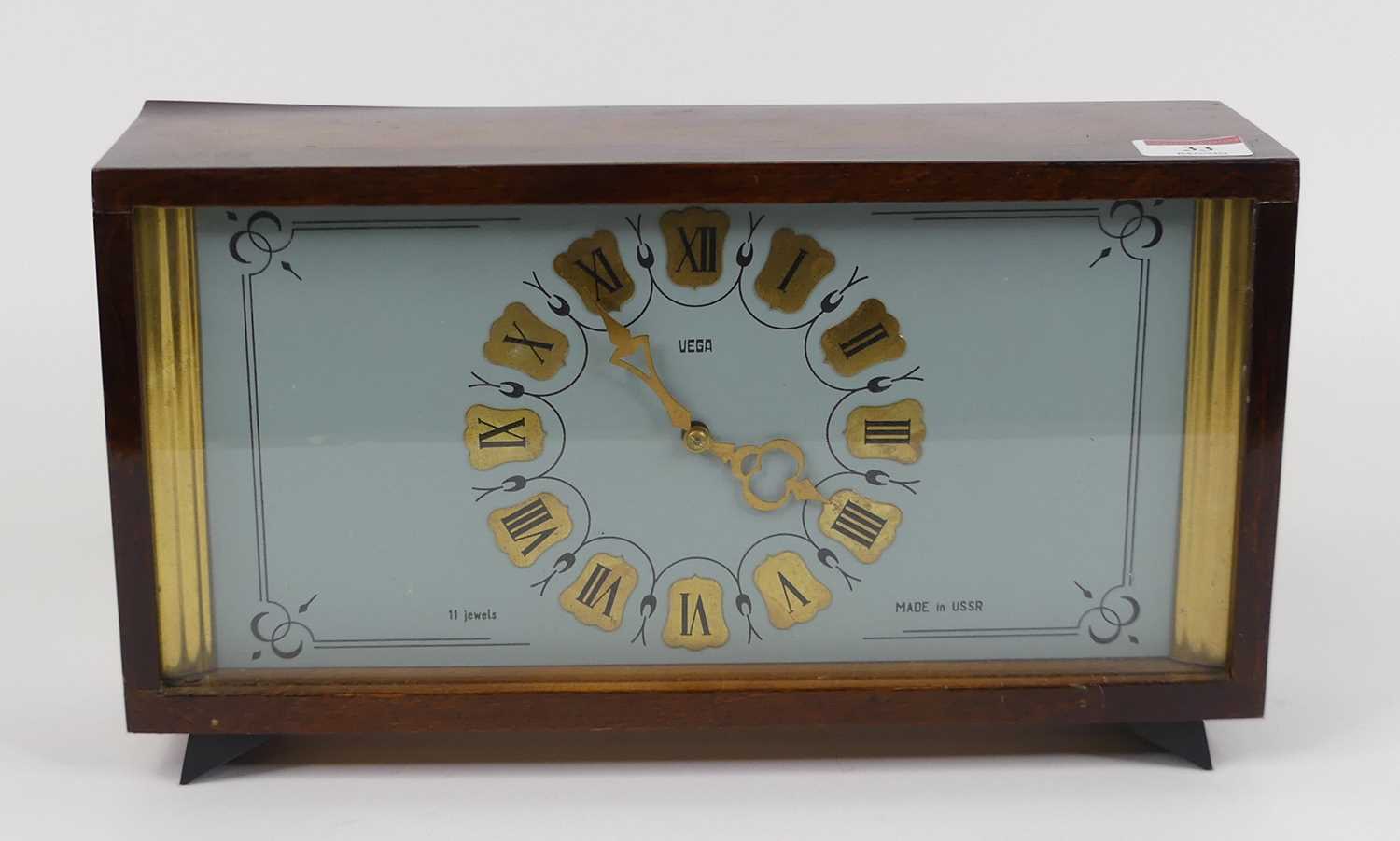 A vintage USSR Vega mantel clock, width 33.5cm